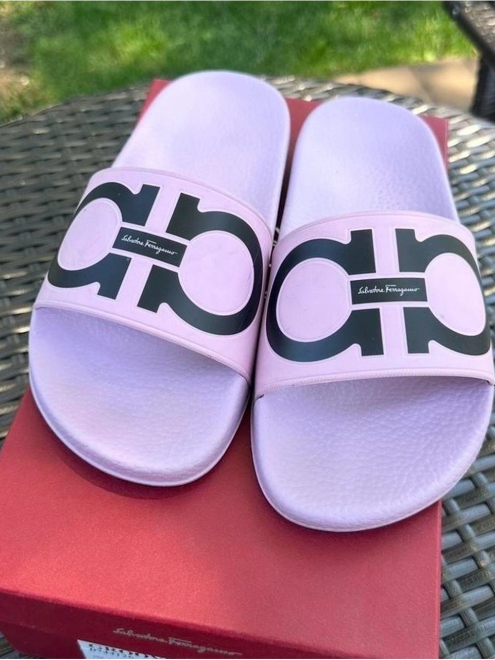 Salvatore Ferragamo Light Pink Logo Slide Sandals